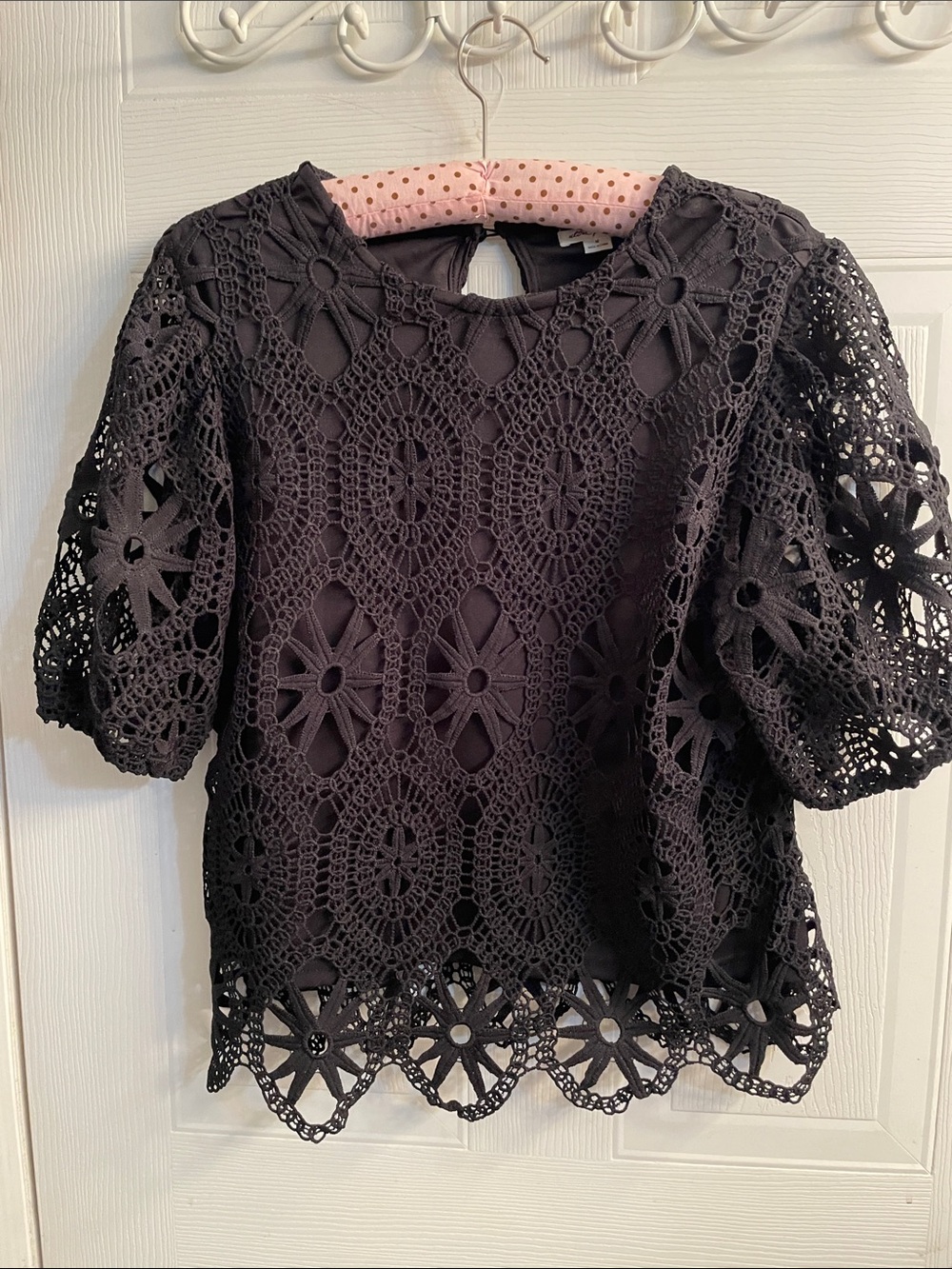 Ultra Pink Black Crochet Lace Short Sleeve Blouse